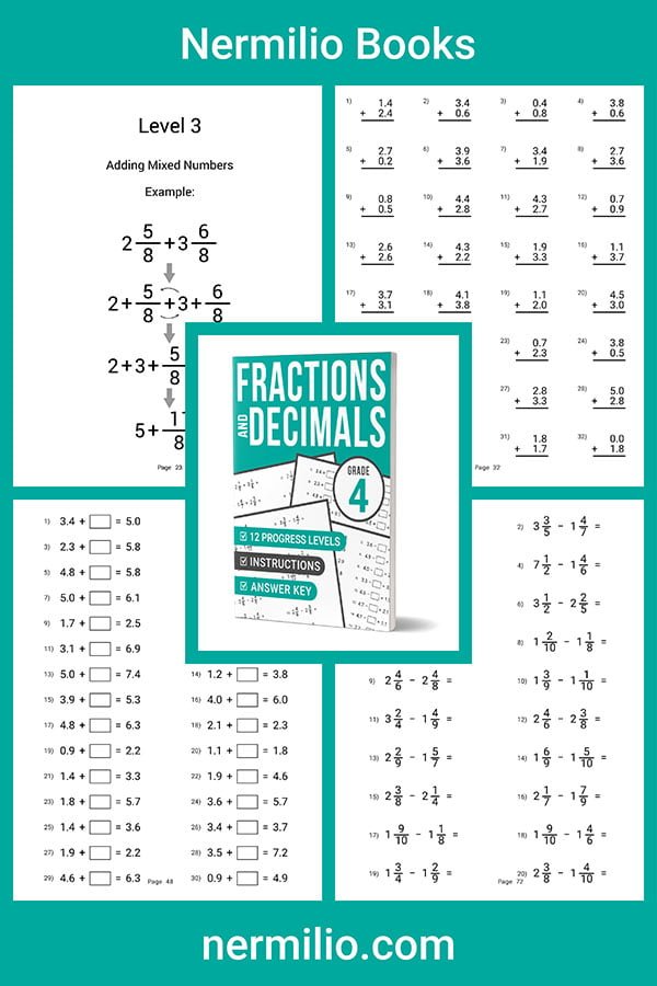 fractions decimals workbook grade 4