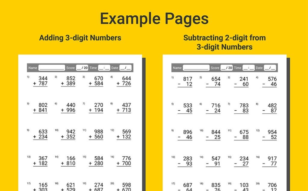 Math Timed Tests Workbook for Adults - Addition and Subtraction Practice Worksheets