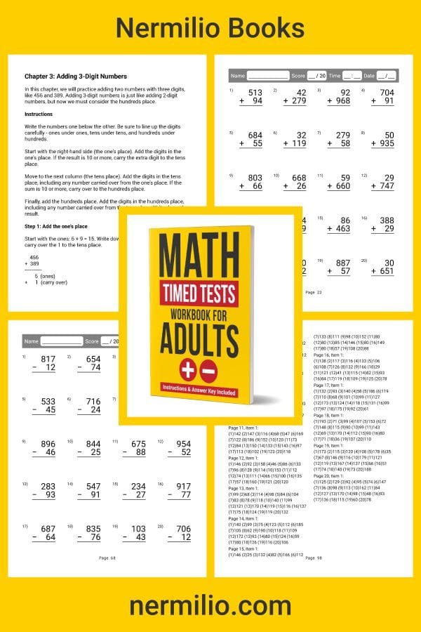 Math Timed Tests Workbook for Adults - Addition and Subtraction Practice Worksheets